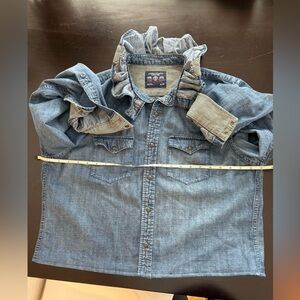 One of a kind Upcycled denim shirt with ruffle collar.